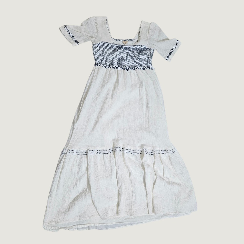 Reba Womens White Cotton Smocked Midi Dress Blue Embroidery Boho Tiered Small